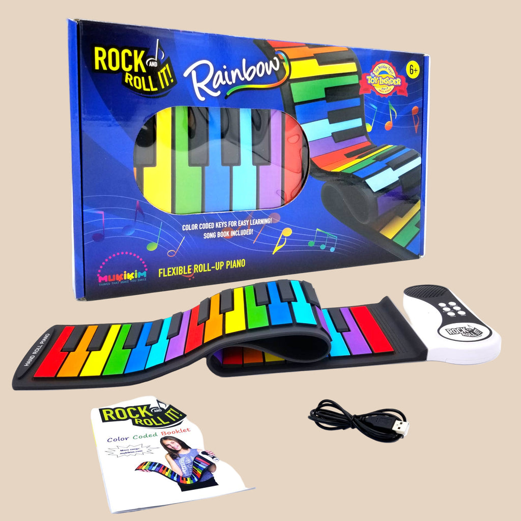 Colorful roll-up piano with packaging and accessories on a white background