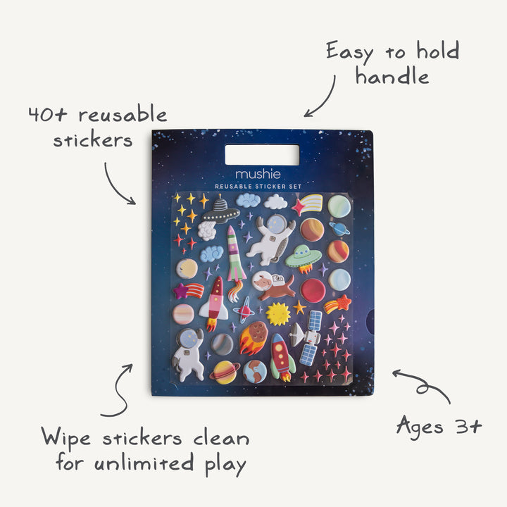 Mushie reusable sticker set packaging with space-themed stickers on a blue background