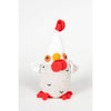 Crocheted chicken toy with a red comb on a white background