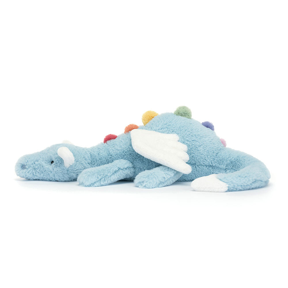  Jellycat Sky Dragon with blue fur, white wings, and rainbow spikes