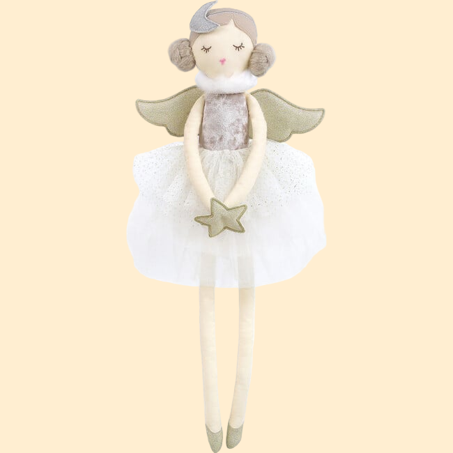 Serenity Angel Doll With a silver moon headband and gold wings and star 