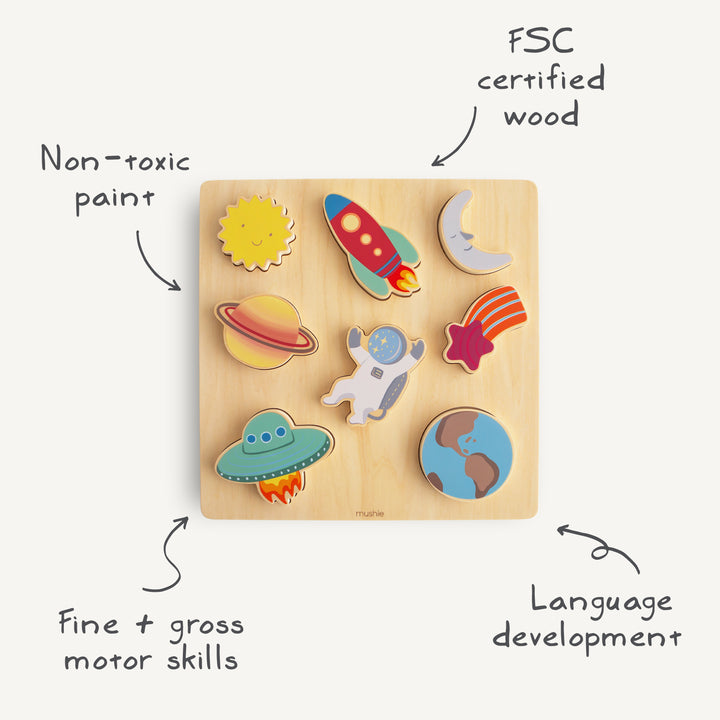 Wooden puzzle with space-themed shapes on a white background