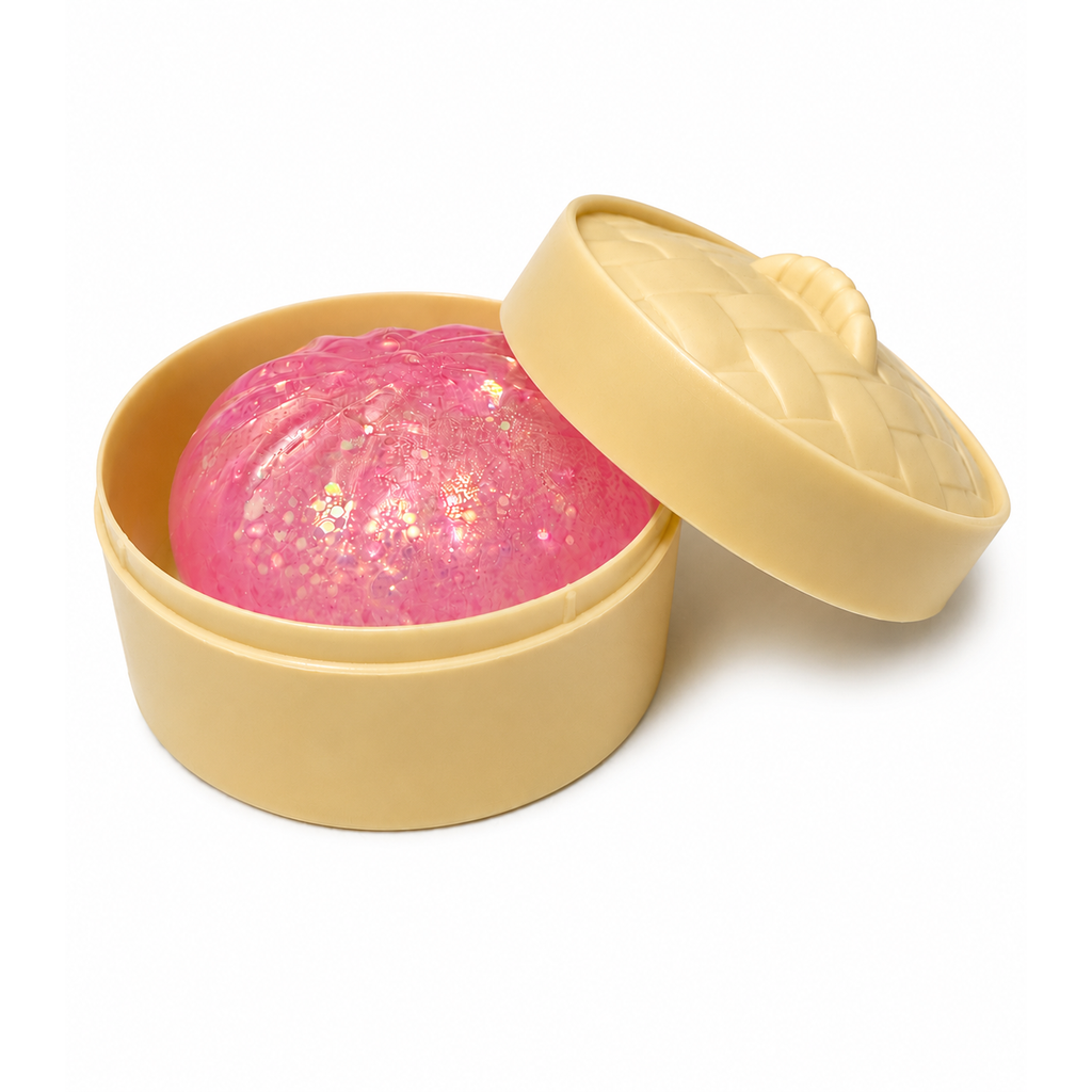 Yellow silicone dumpling mold with a lid in packaging, featuring 'Surprise! Sparkle Dumplin' text.