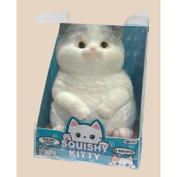 A cream-colored plush squishy kitten toy inside its teal and white retail packaging box, featuring the text 'SQUISHY KITTY' on the front.