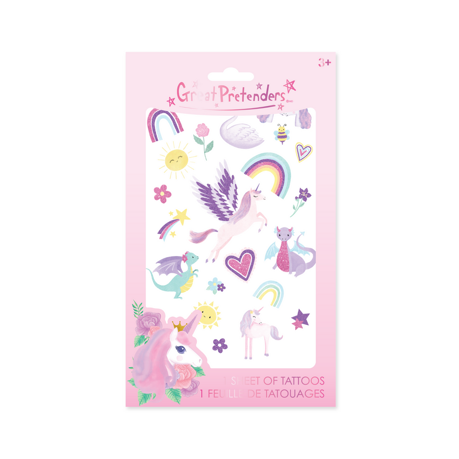 Packaging of Great Pretenders tattoos featuring unicorns, dragons, and rainbows on a pink background.