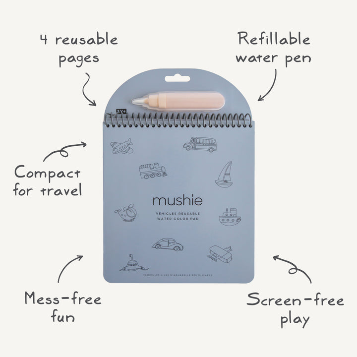 Mushie reusable water color pad. Featuring four pages of colorful planes, trains and automobiles that come to life with just water.  and . A refillable paintbrush allows children to easily “paint” the pages