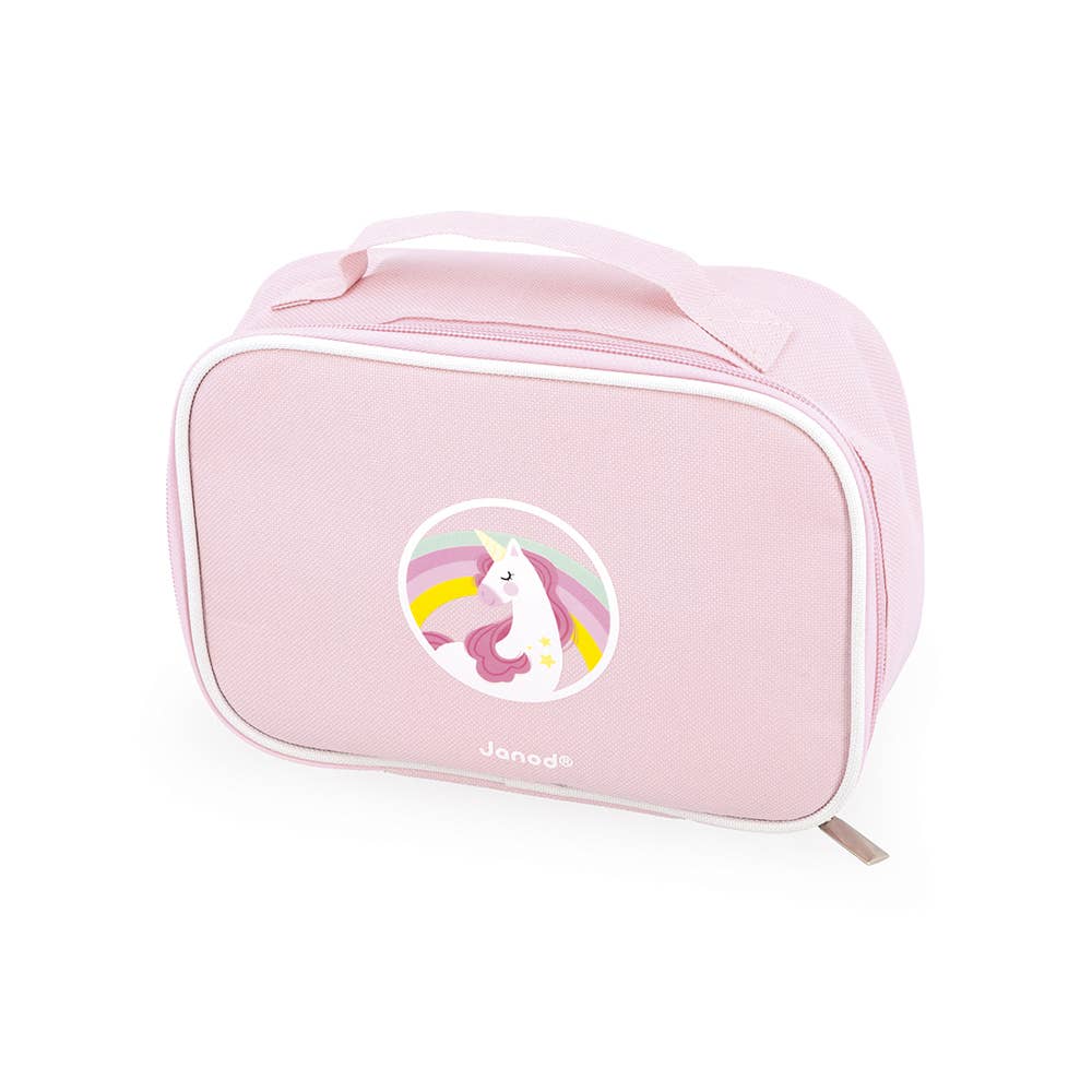 Children's makeup set with pink case and various accessories on a white background