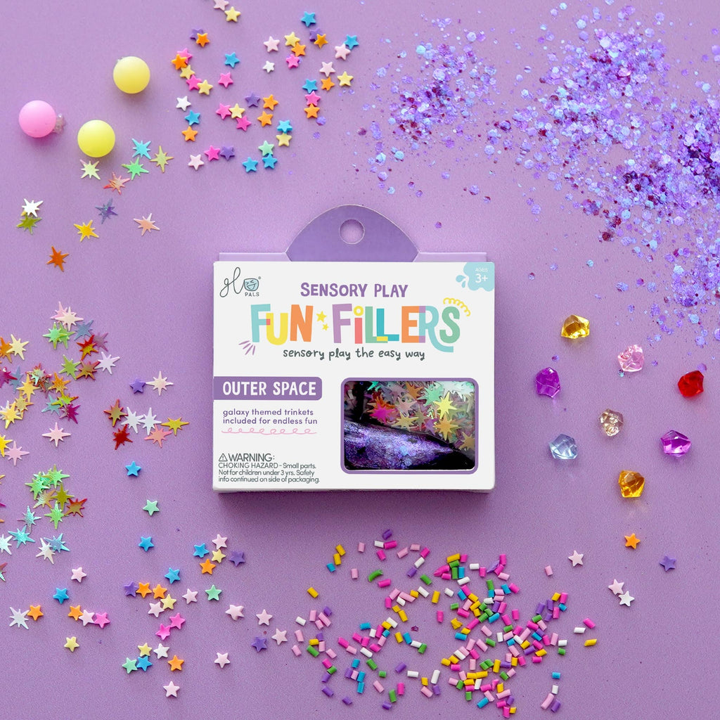 Packaging of Sensory Play Fun Fillers with 'Outer Space' theme on a white background