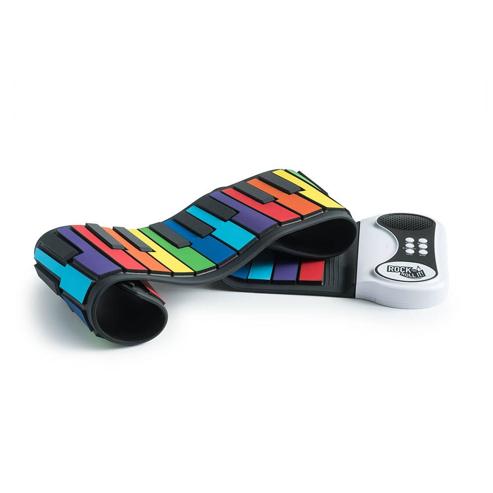 Colorful roll-up piano with packaging and accessories on a white background