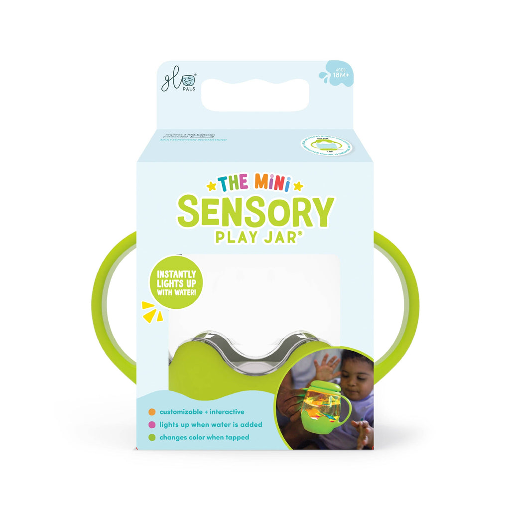 Green sensory play jar packaging with green balls on a bright green background