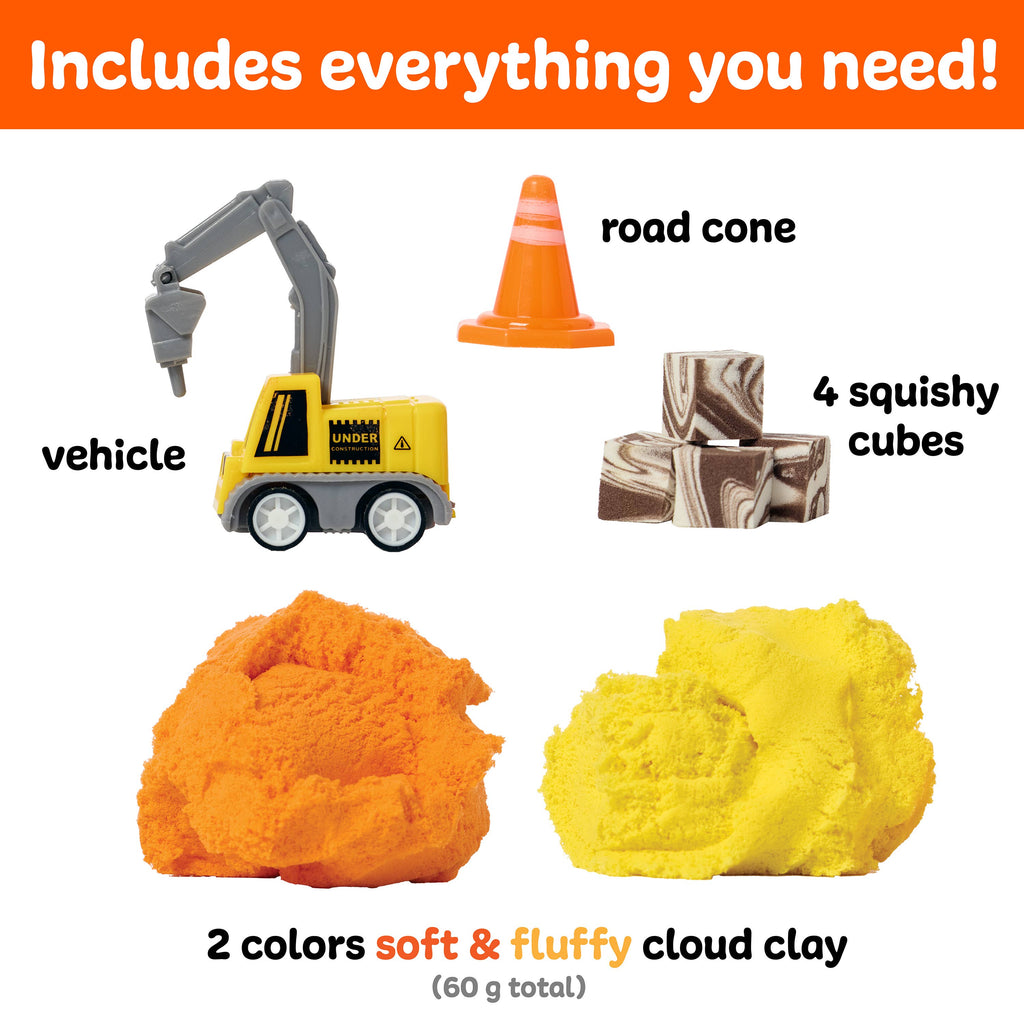 Sensory minis construction cloud clay set with toy truck and cone on a white background