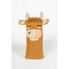 Crocheted bull-shaped bottle cover on a white background