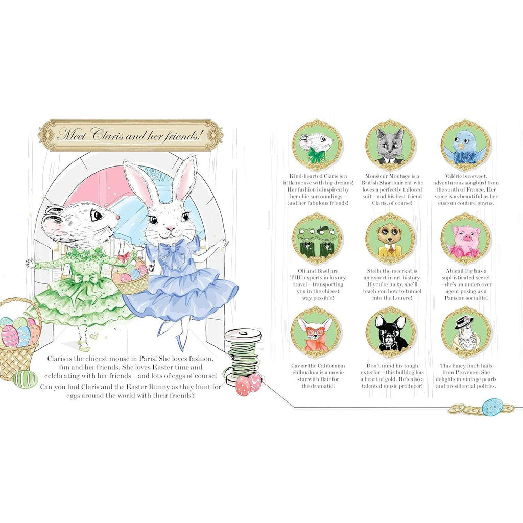 Book cover of 'Where is Claris at Easter!' with illustrations and text on a green background