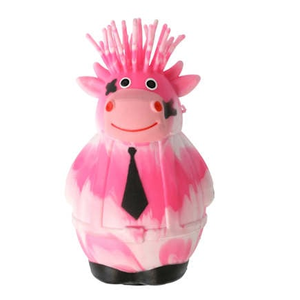 Four small cow-shaped novelty items with bright spiky hair and black ties, shown in pink, blue, magenta, and green color variants on a plain white background.