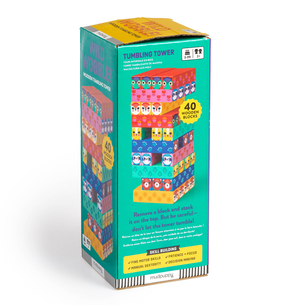 Colorful wooden tumbling tower with 'Wild Wobble!' packaging on a white background