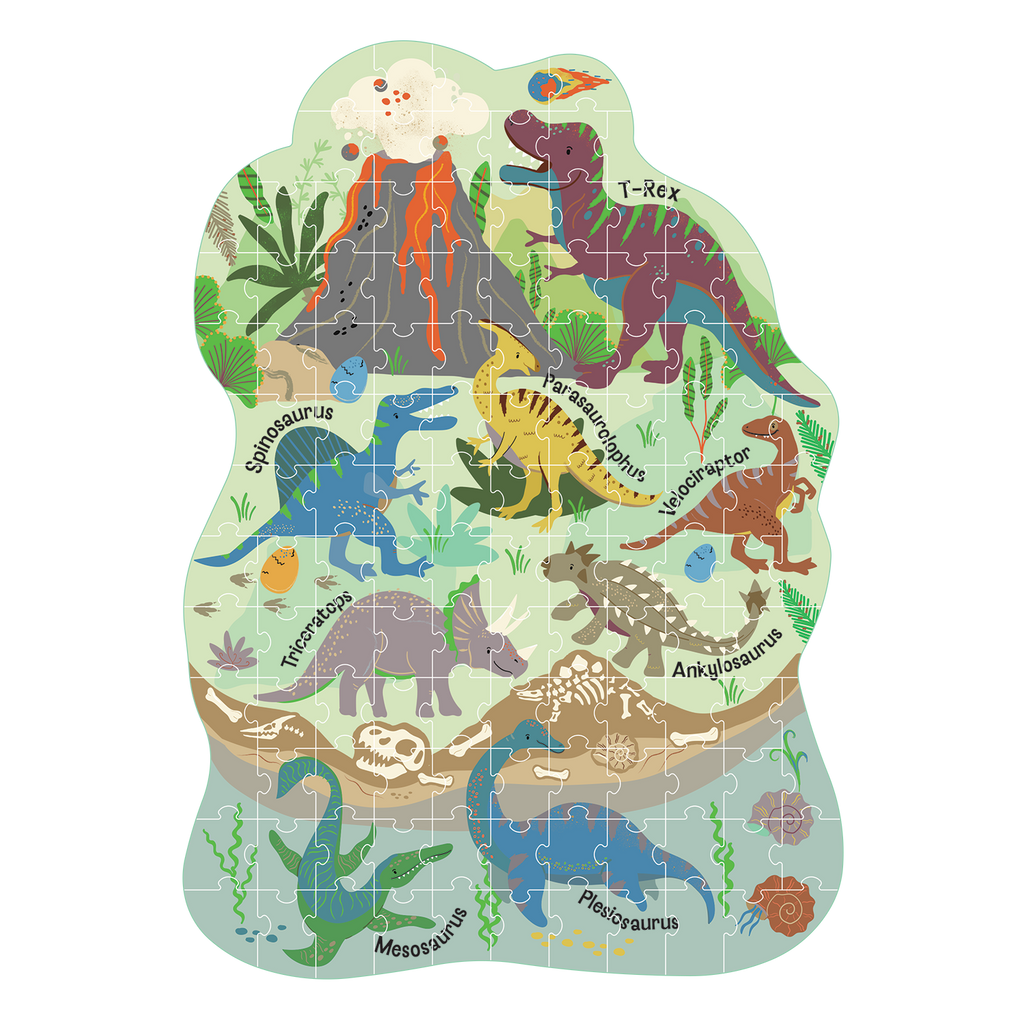 Dinosaur-themed puzzle box with colorful design on a white background