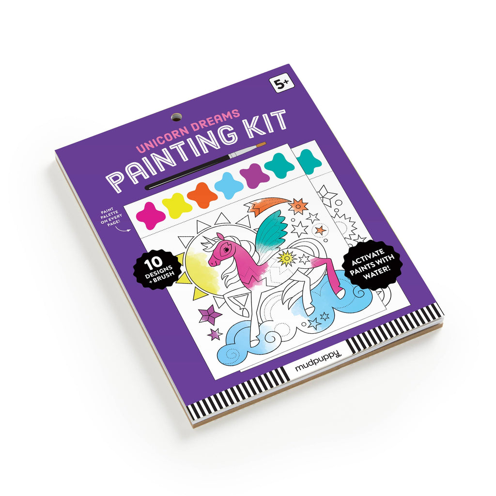 Unicorn Dreams painting kit packaging with a purple background and colorful unicorn illustration.