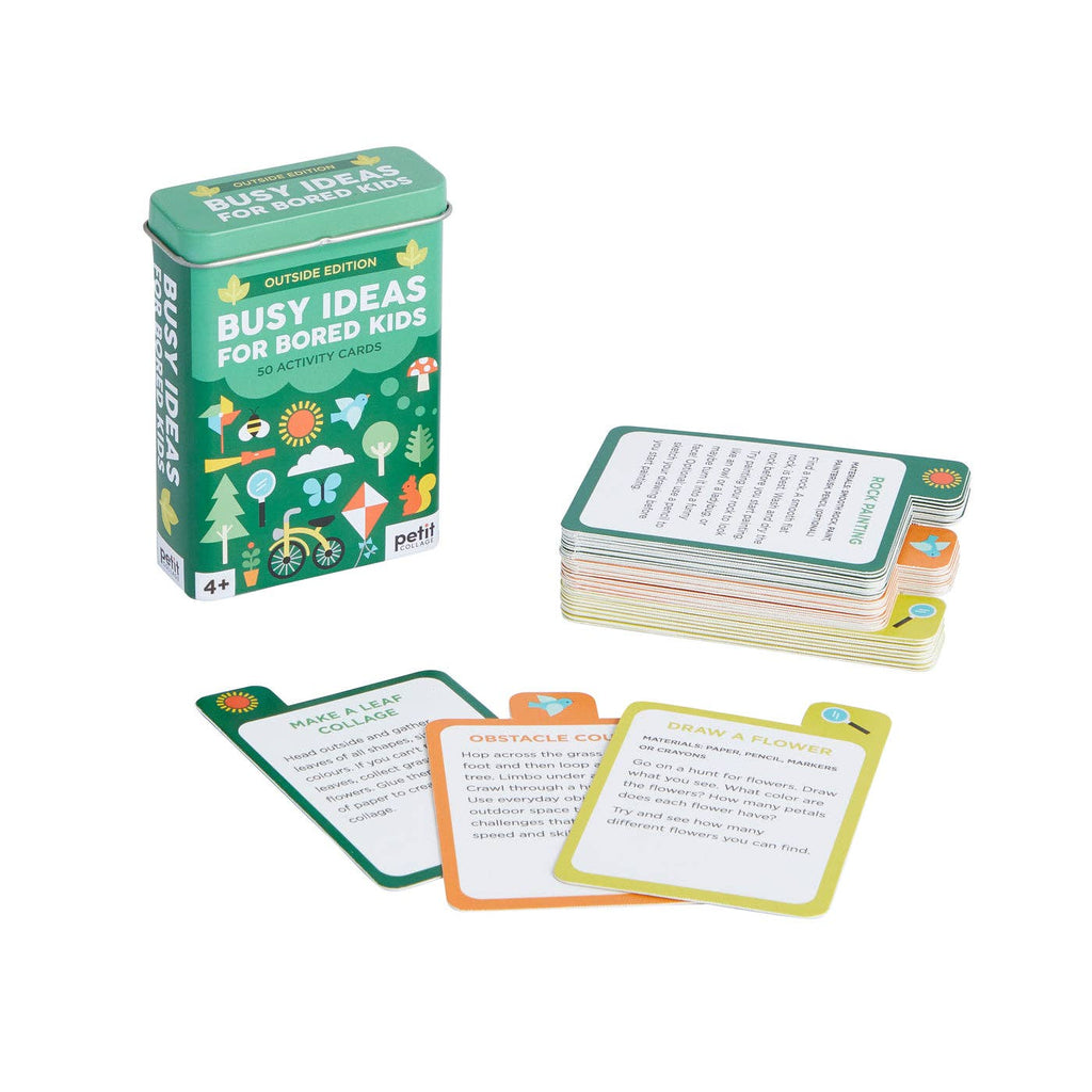 Green tin box with 'Busy Ideas for Bored Kids' text and illustrations on a white background