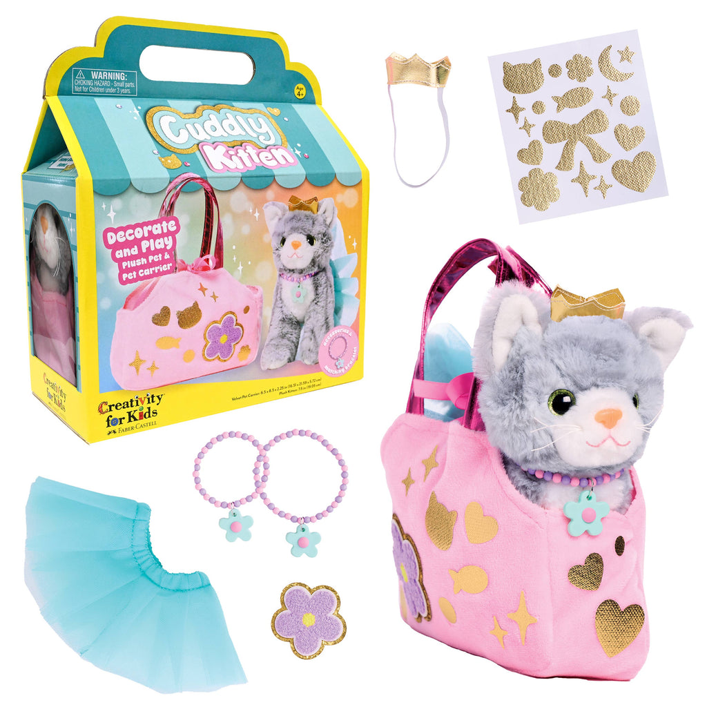 Cuddly Kitten toy set packaging with plush cat and pet carrier on a white background