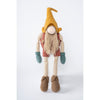 Knitted gnome toy with a yellow hat, brown vest, and green mittens on a white background