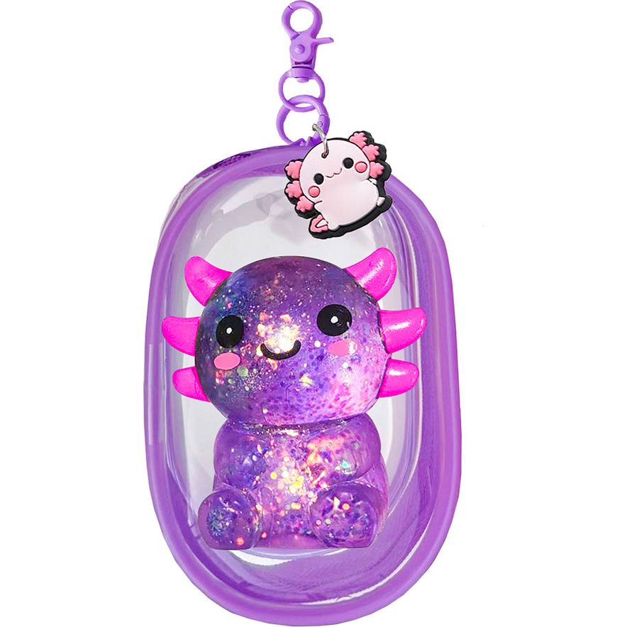 Pink squishy backpack clip in retail packaging, featuring a cute smiling pink character with glittery texture inside a clear oval clip on a white background.