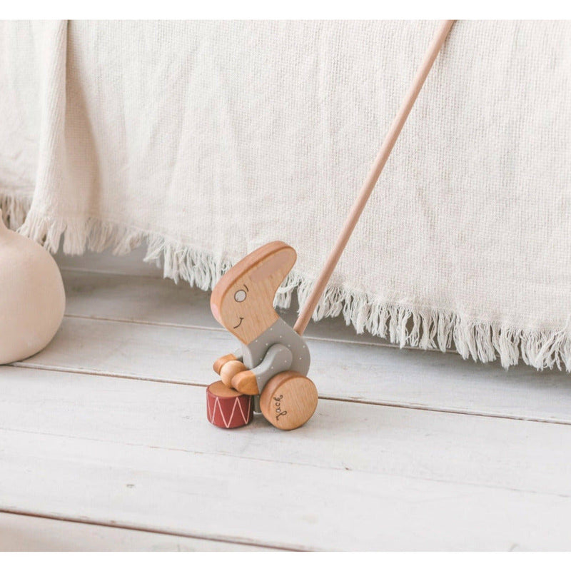 Wooden Push Toy Rabbit With a Drum
